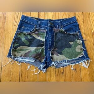 Rag Union: Repurposed M.R. Lee denim shorts with studs and camo- black label